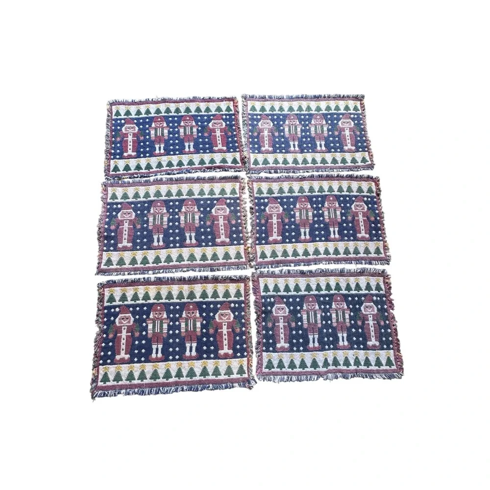 Vintage Nutcracker Christmas Woven Tapestry Placemats Set of 6 Fringed Navy Red